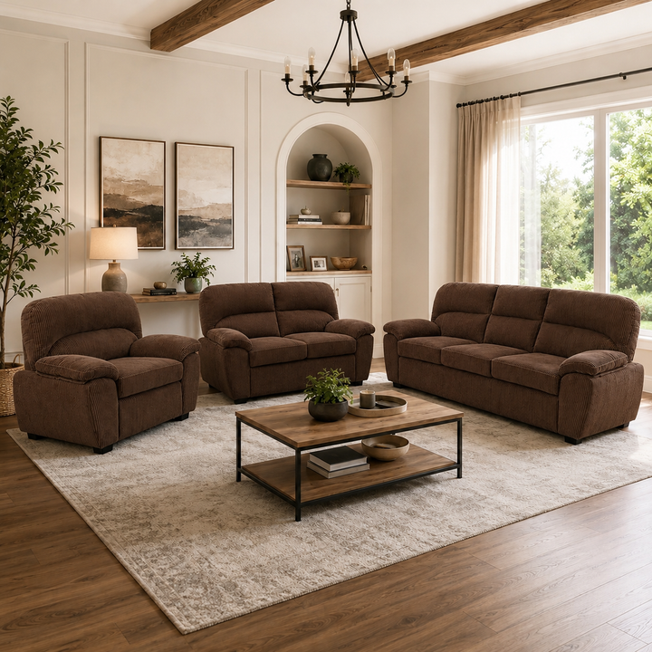 Rolex 3-Piece Brown Stationary Sofa Set In Fabric Upholstery