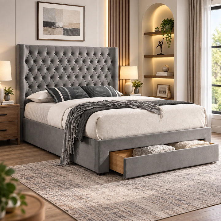 Rabio Grey Velvet Upholstered Platform Bed Frame With Built-In Storage Drawer