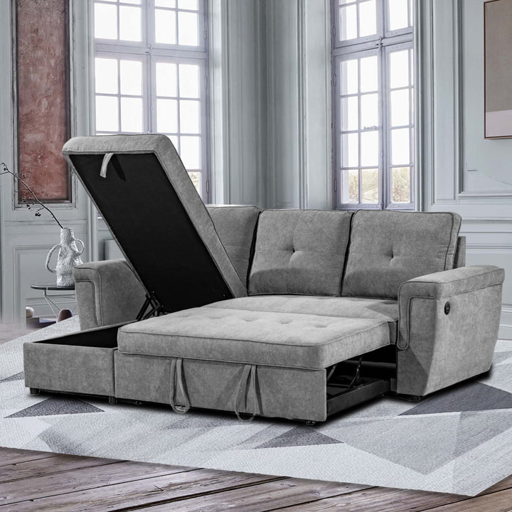 Kaghan Grey L-Shape Sectional with Pull-Out Sleeper and Storage Chaise