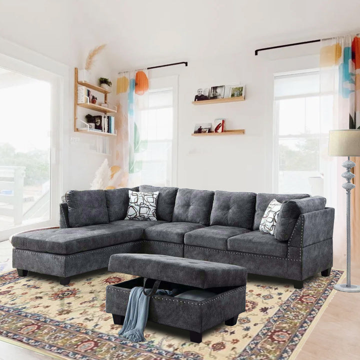 Senti Luxurious Sectional Sofa Set With LHF Chaise & Storage Ottoman - Grey