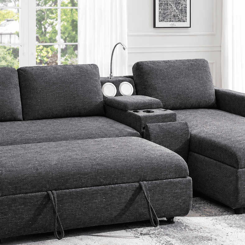 Michi Dark Grey Sectional Sofa Bed With Reversible Storage Chaise &amp; Console