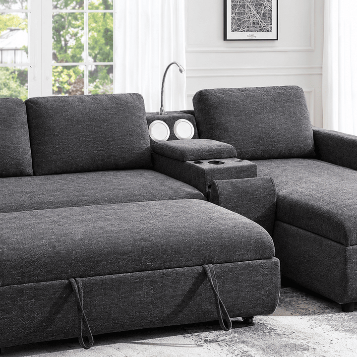 Michi Dark Grey Sectional Sofa Bed With Reversible Storage Chaise &amp; Console