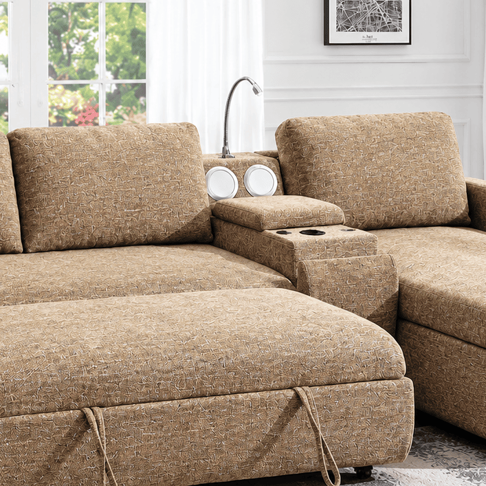 Michi Brown Sectional Sofa Bed With Reversible Storage Chaise &amp; Console