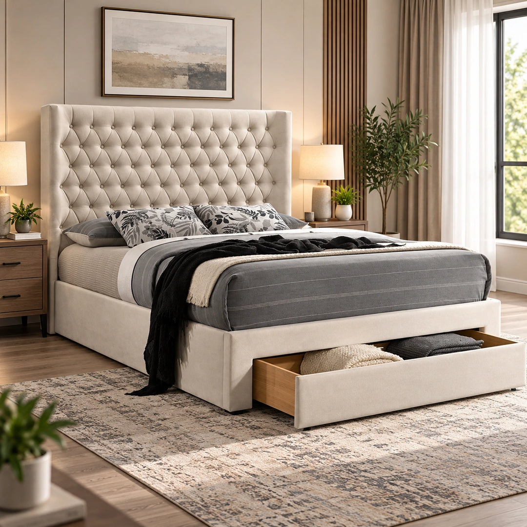 Rabio Ivory Fabric Upholstered Platform Bed Frame With Built-In Storage Drawer