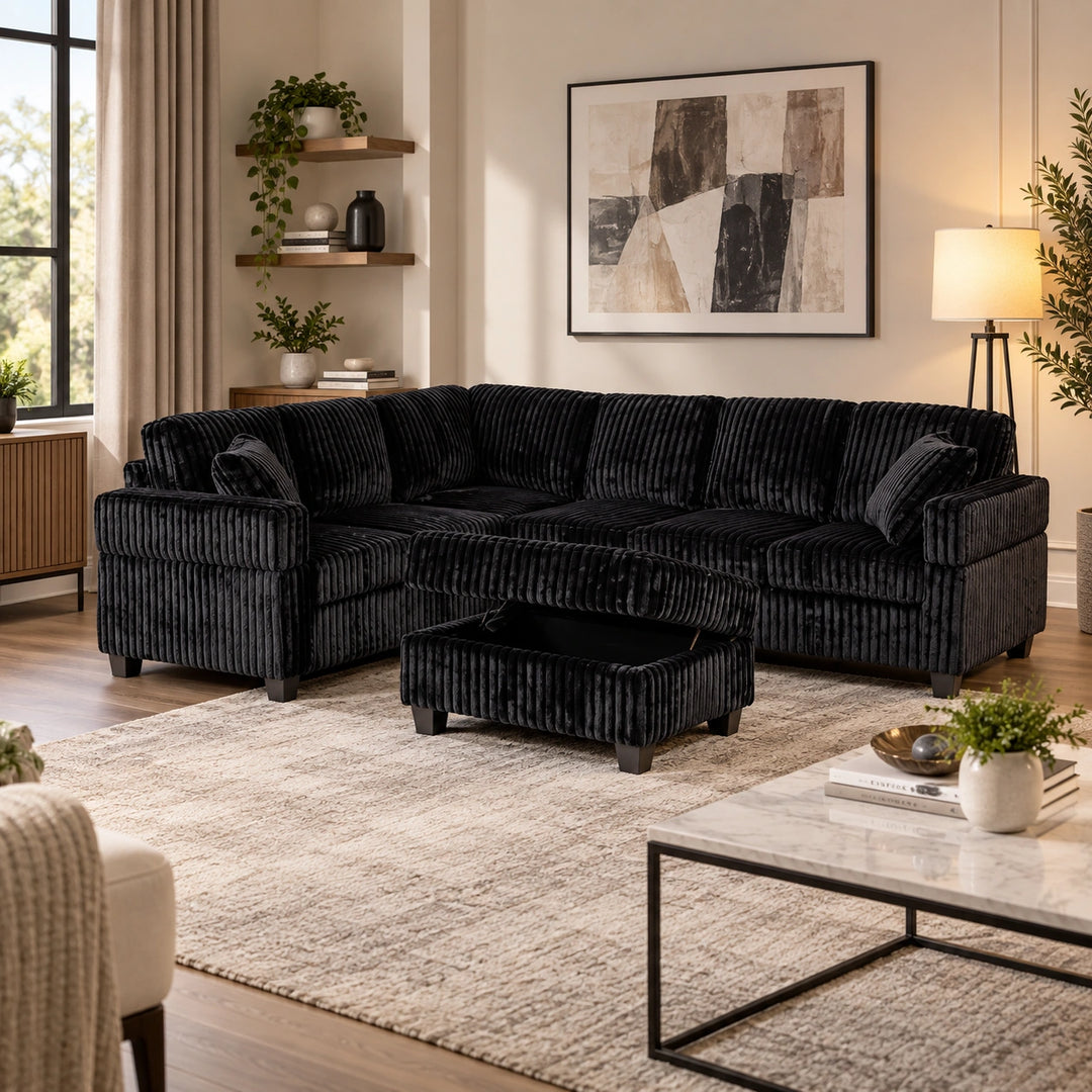 Xavier Fabric Upholstered Sectional Sofa With Storage Ottoman - Black | Modern, Comfortable &amp; Reversible