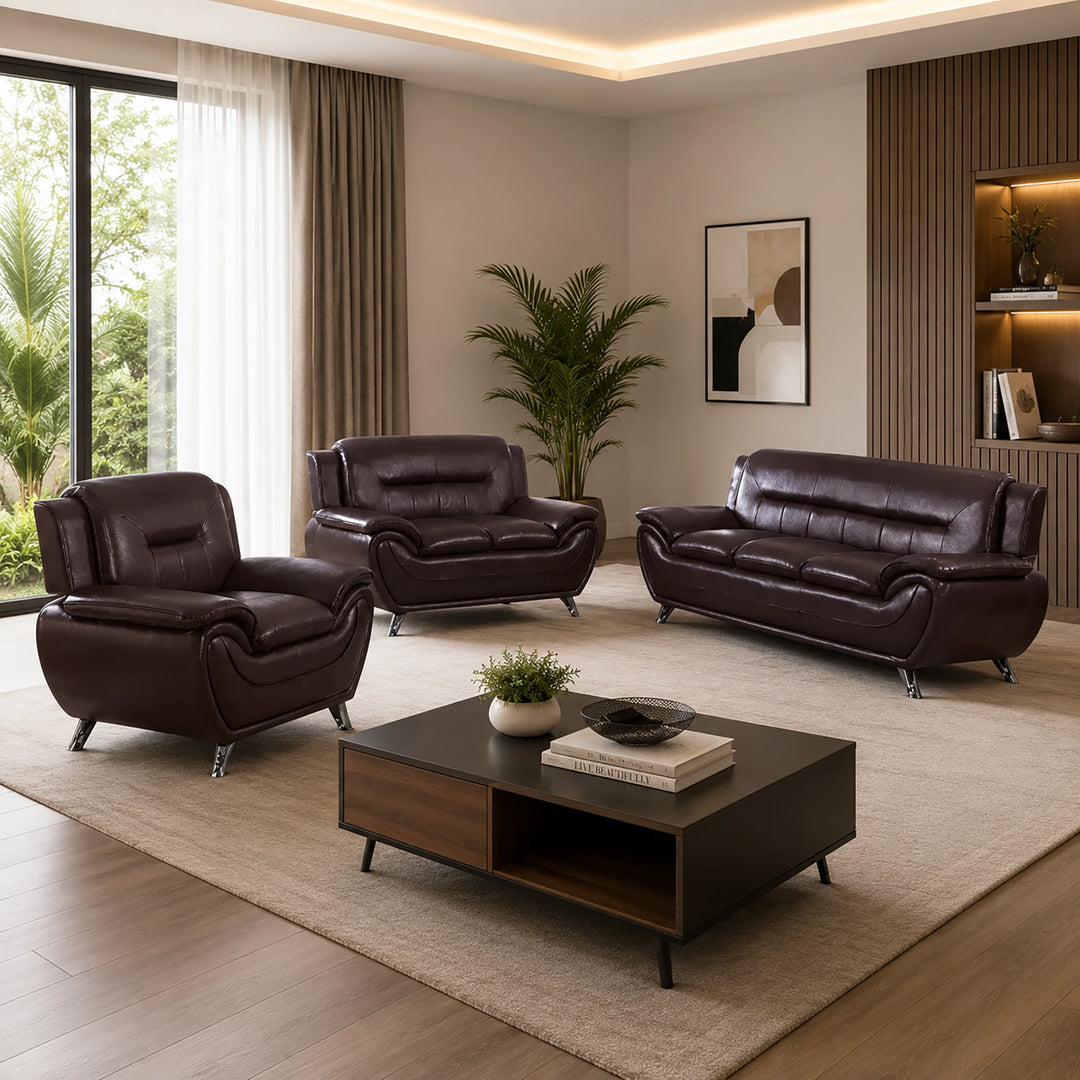 Gilan 3-Piece Sofa Set In Faux Leather Upholstery - Chocolate