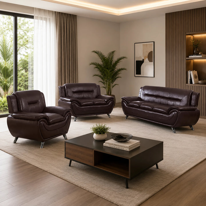 Gilan 3-Piece Sofa Set In Faux Leather Upholstery - Chocolate