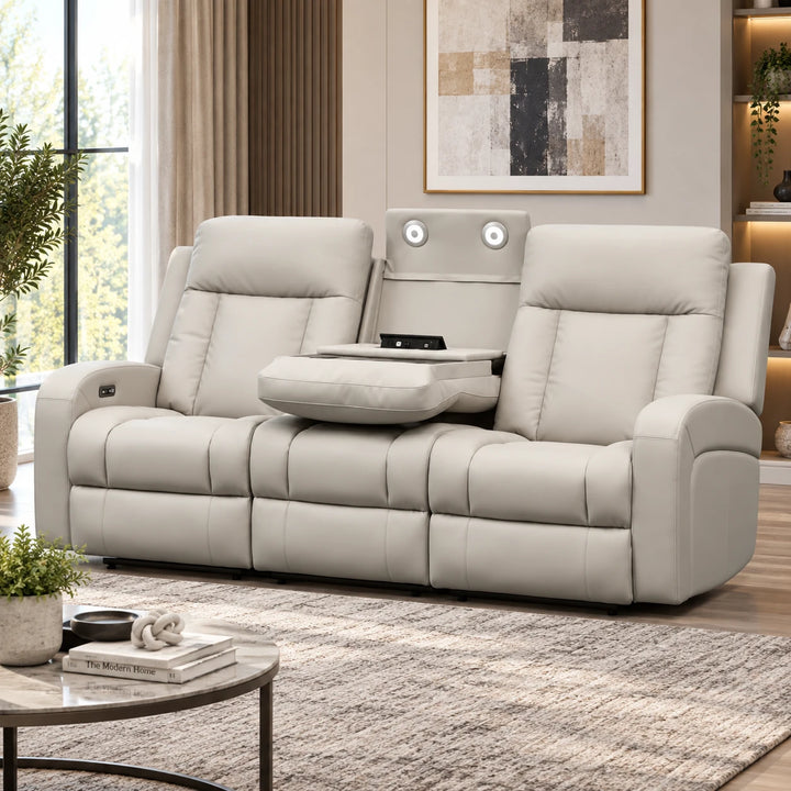 Sudex 3-Piece Beige Power Recliner Set in Top Grain Leather