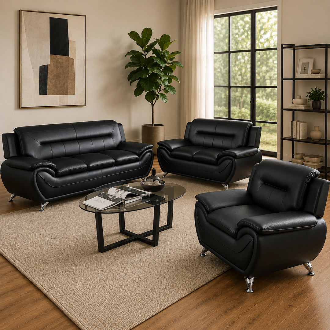 Gilan 3-Piece Sofa Set In Faux Leather Upholstery - Black