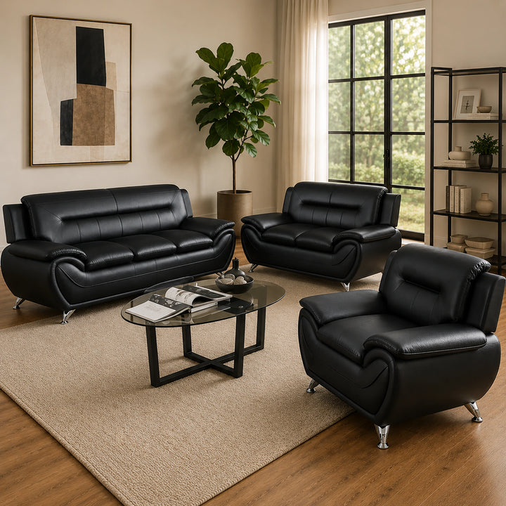Gilan 3-Piece Sofa Set In Faux Leather Upholstery - Black