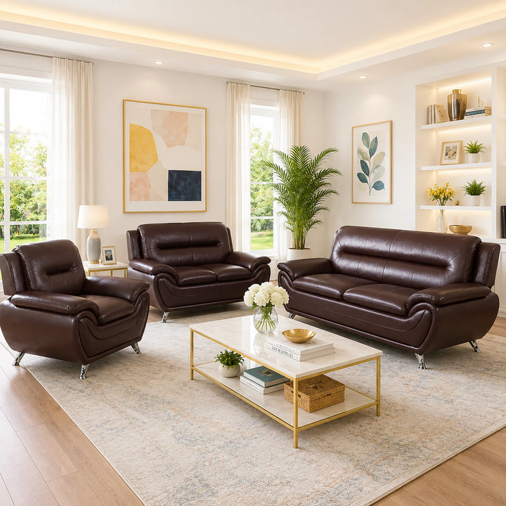 Gilan 3-Piece Sofa Set In Faux Leather Upholstery - Chocolate