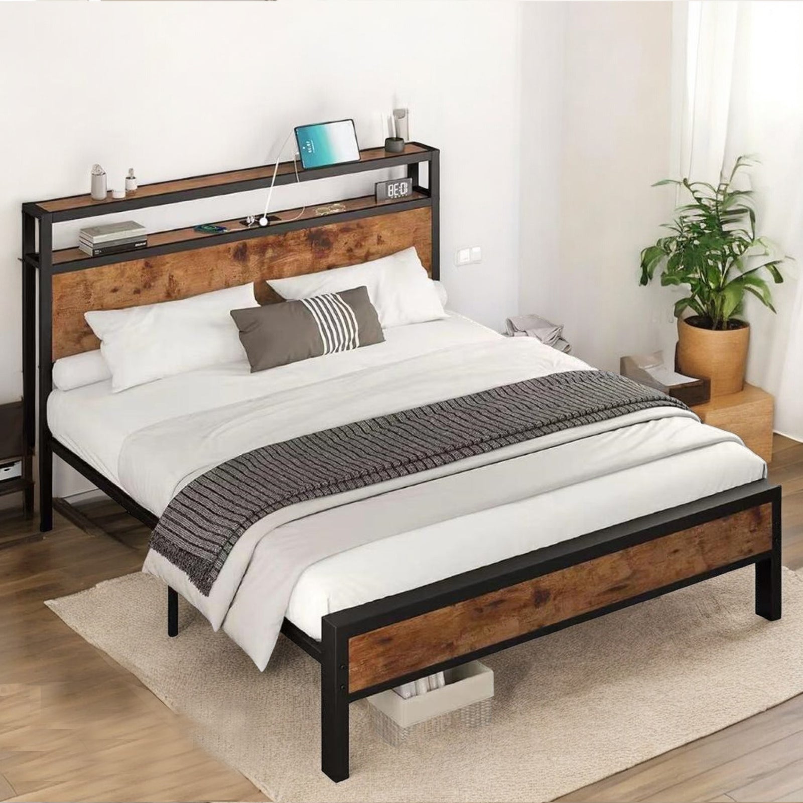 Pioneer Metallic Platform Bed Frame With Storage Headboard - Black/ Brown - Close-Up Detail