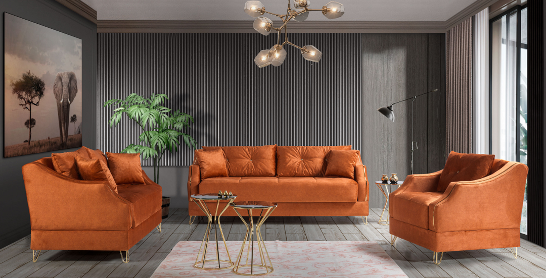 Inglis 3-Piece Velvet Upholstered Sofa Set In Orange Finish