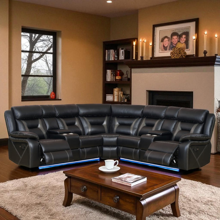 Aries 5-Seater Manual Sectional Recliner In Air Leather Upholstery - Black