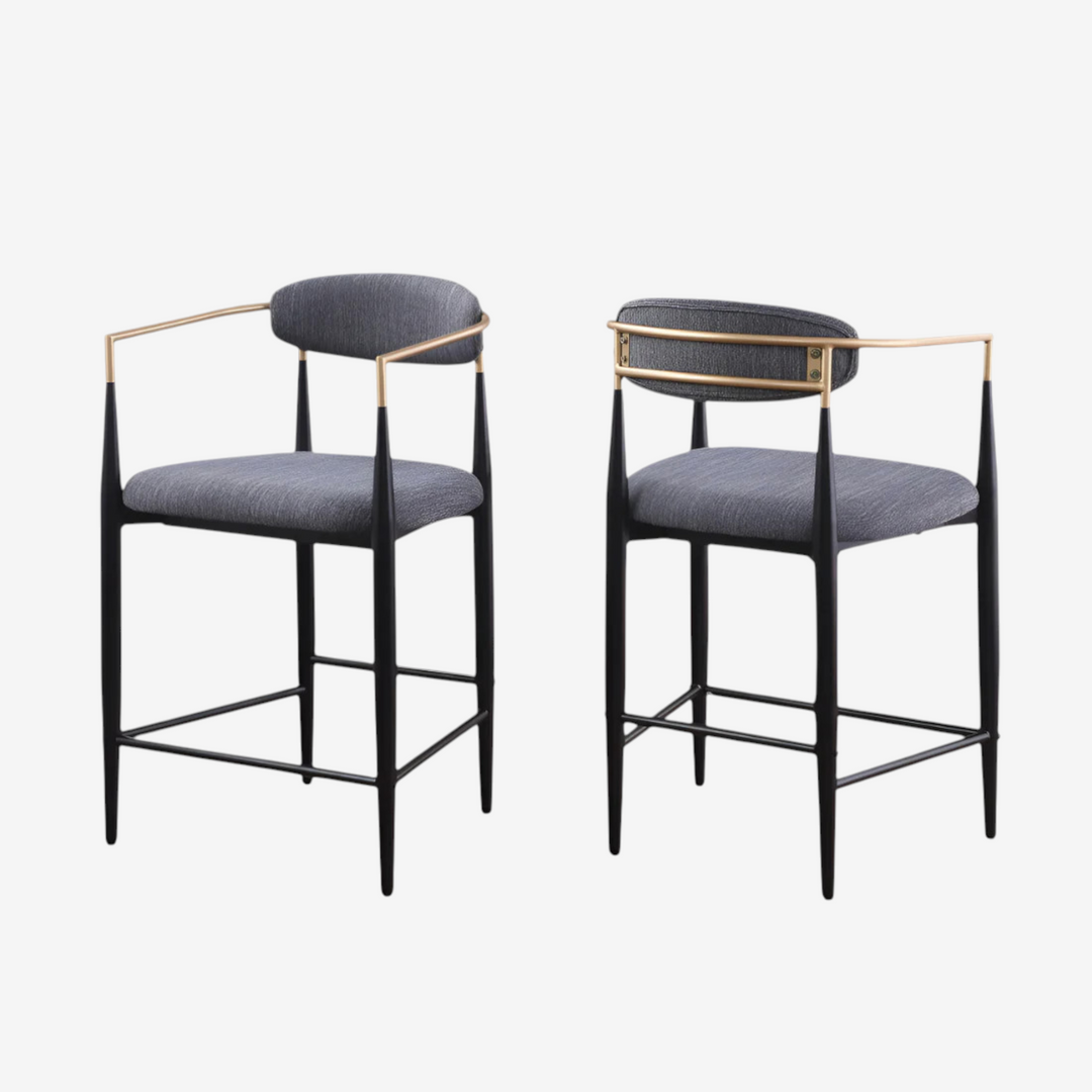 Mykos Counter Stool – Set of 2 | Grey Upholstery with Black & Gold Metal Frame
