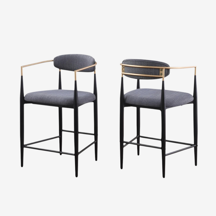 Mykos Counter Stool – Set of 2 | Grey Upholstery with Black & Gold Metal Frame