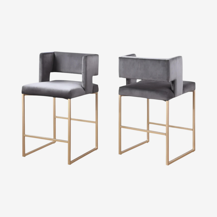 Anthony Counter Stool – Set of 2 | Grey Velvet Bar Stools with Gold Legs
