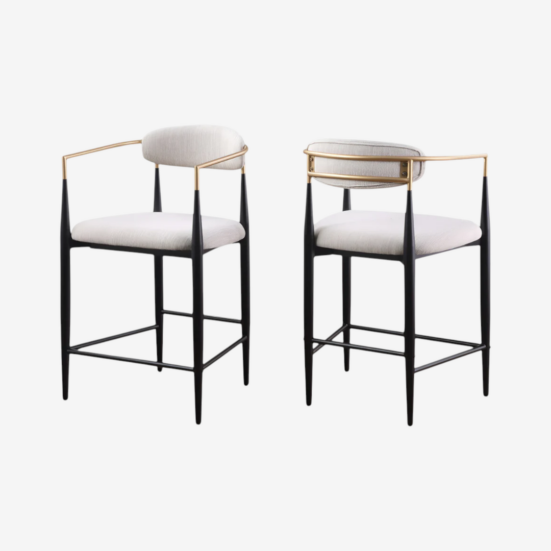 Mykos Counter Stool – Set of 2 | Beige Upholstery with Black & Gold Metal Frame