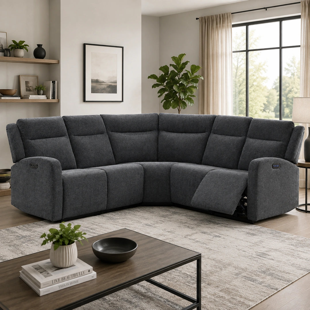 Vario 5-Seater Grey Sectional Recliner In Fabric Upholstery