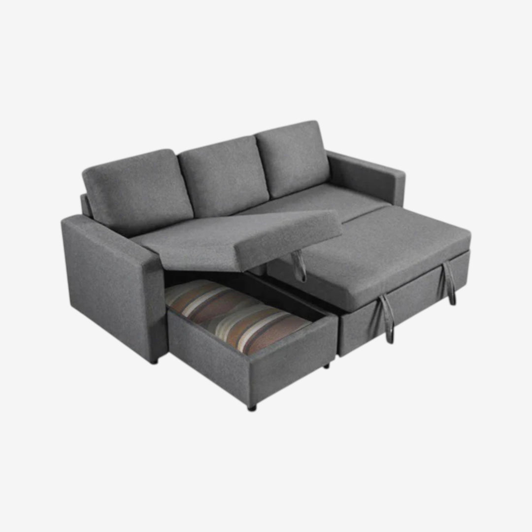 Plushen Fabric Upholstered Sectional Sofa Bed With Reversible Storage Chaise - Grey