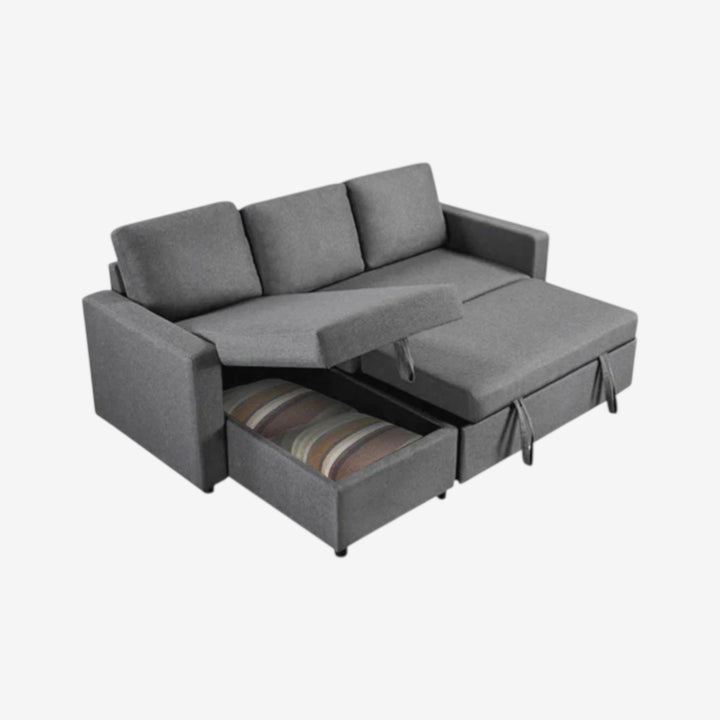 Plushen Fabric Upholstered Sectional Sofa Bed With Reversible Storage Chaise - Grey