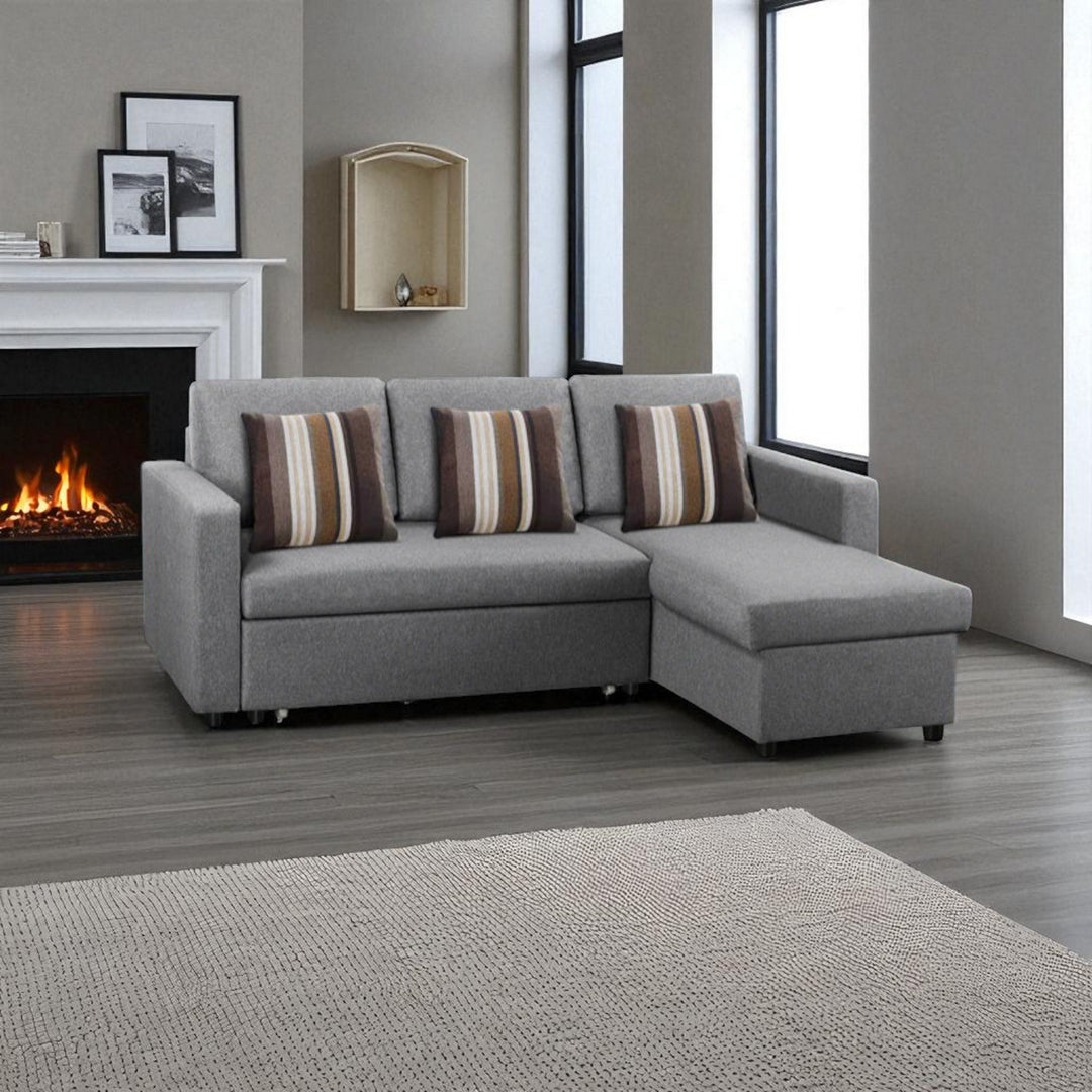 Plushen Fabric Upholstered Sectional Sofa Bed With Reversible Storage Chaise - Grey