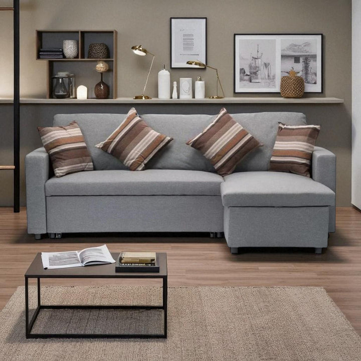 Plushen Fabric Upholstered Sectional Sofa Bed With Reversible Storage Chaise - Grey