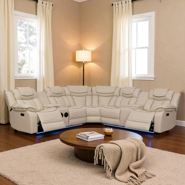 Mitchell 5-Seater Power Recliner Sectional In Air Leather Upholstery - Beige