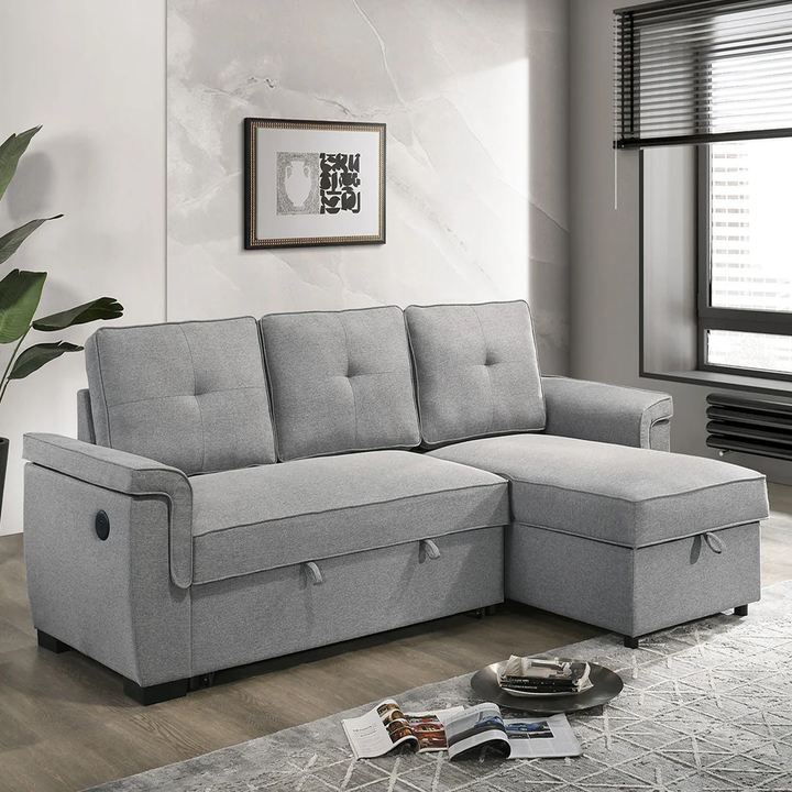 Marcus Sectional Sofa Bed In Fabric Upholstery - Light Grey | Reversible Chaise, USB Charging &amp; Pull Out Sleeper