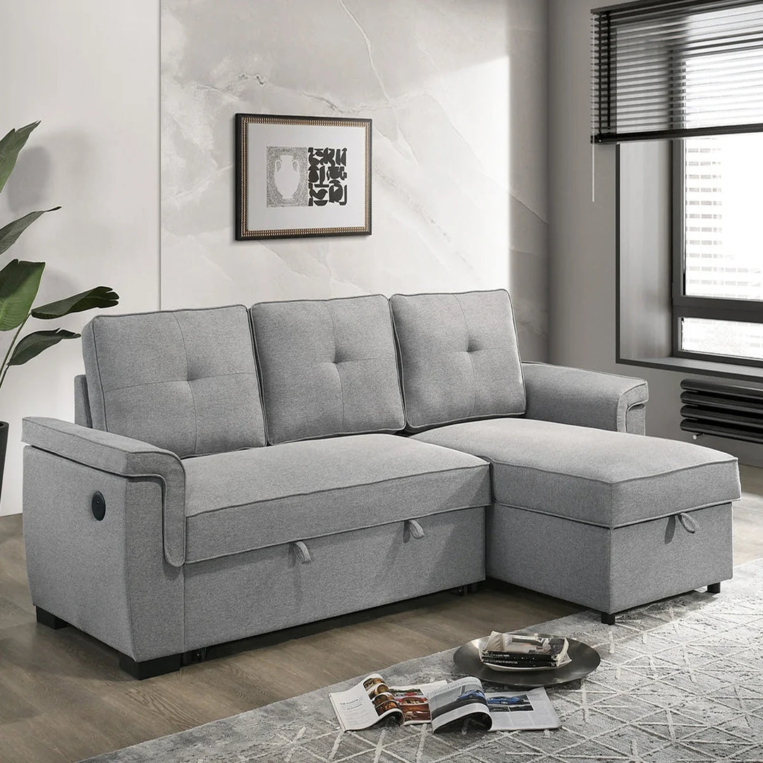 Marcus Sectional Sofa Bed In Fabric Upholstery - Light Grey | Reversible Chaise, USB Charging &amp; Pull Out Sleeper