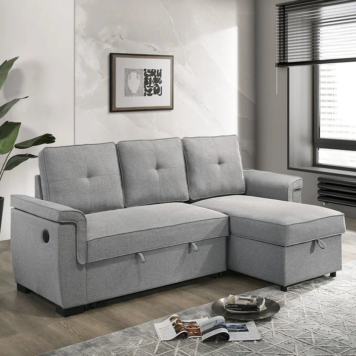 Marcus Sectional Sofa Bed In Fabric Upholstery - Light Grey | Reversible Chaise, USB Charging &amp; Pull Out Sleeper