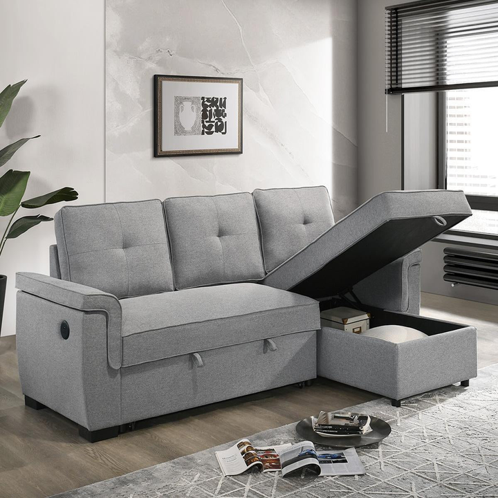 Marcus Sectional Sofa Bed In Fabric Upholstery - Light Grey | Reversible Chaise, USB Charging &amp; Pull Out Sleeper
