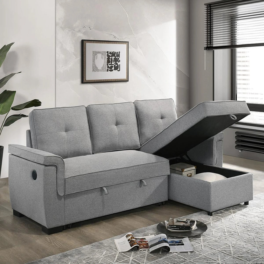 Marcus Sectional Sofa Bed In Fabric Upholstery - Light Grey | Reversible Chaise, USB Charging &amp; Pull Out Sleeper
