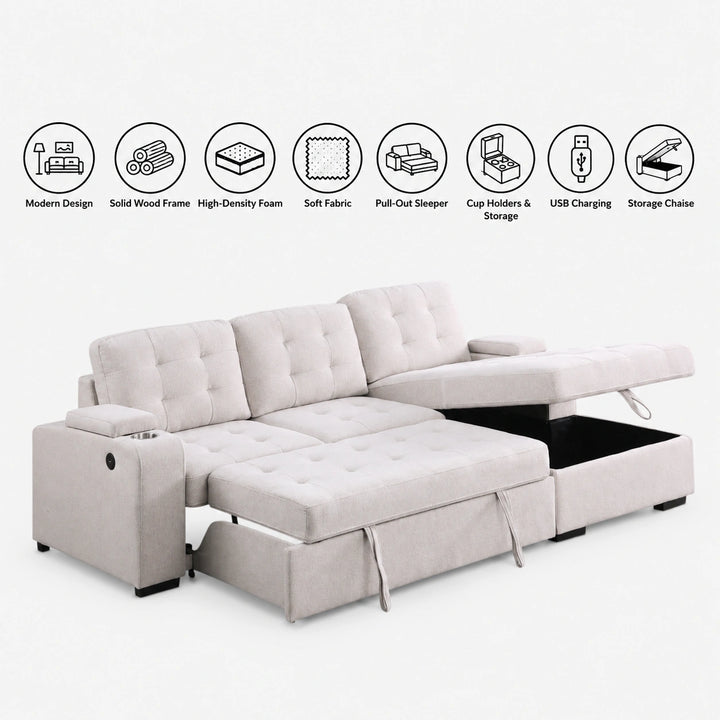 Verro Fabric Upholstered Sectional Sofa Bed - Beige | Available In RHF &amp; LHF Configuration