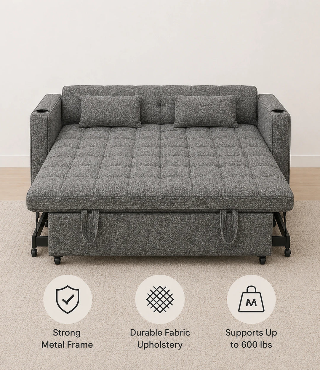 Aspire Fabric Upholstered Sofa Bed With USB Charging Ports - Grey