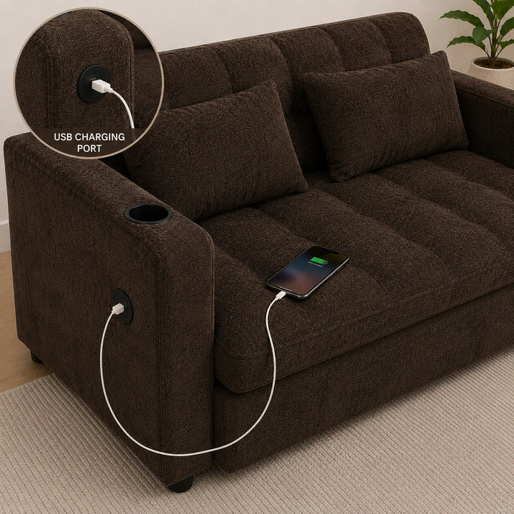 Aspire Fabric Upholstered Sofa Bed With USB Charging Ports - Brown