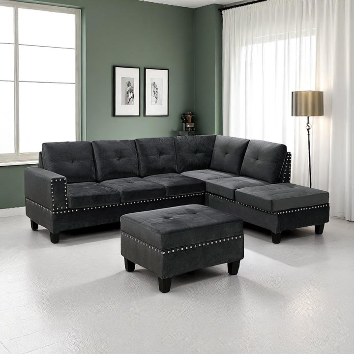 Vincent Canapé sectionnel réversible 3 pièces avec pouf de rangement – Gris