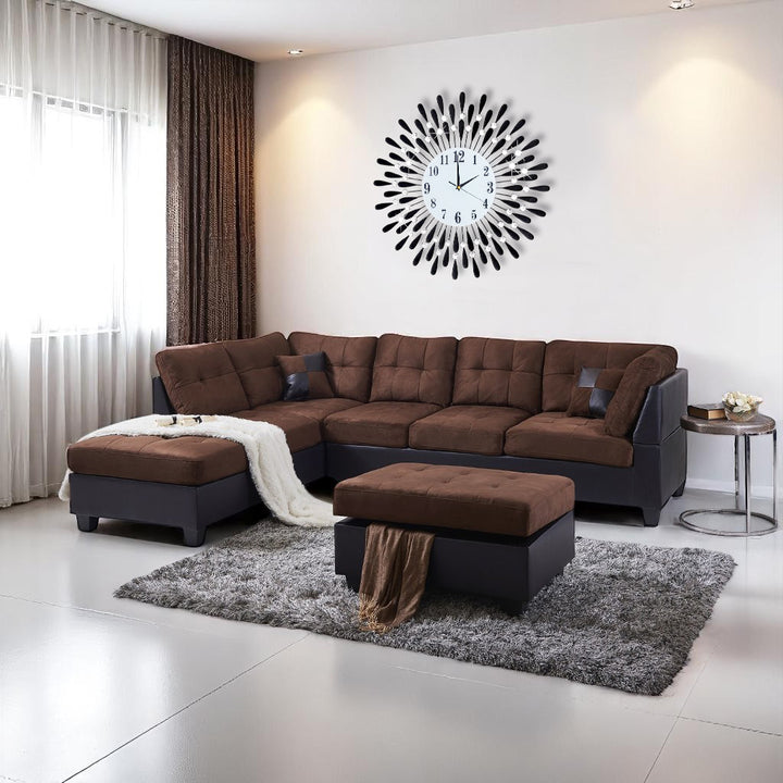 Eva Canapé sectionnel en tissu avec méridienne accoudoir gauche et pouf de rangement – Chocolat/ Noir