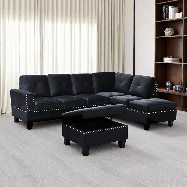 Vincent Canapé sectionnel réversible 3 pièces avec pouf de rangement – Noir