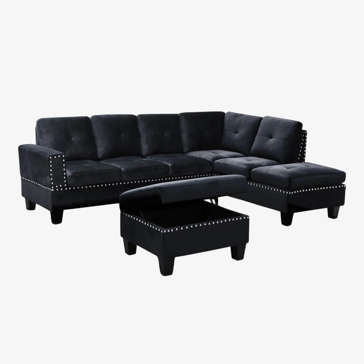 Vincent Canapé sectionnel réversible 3 pièces avec pouf de rangement – Noir