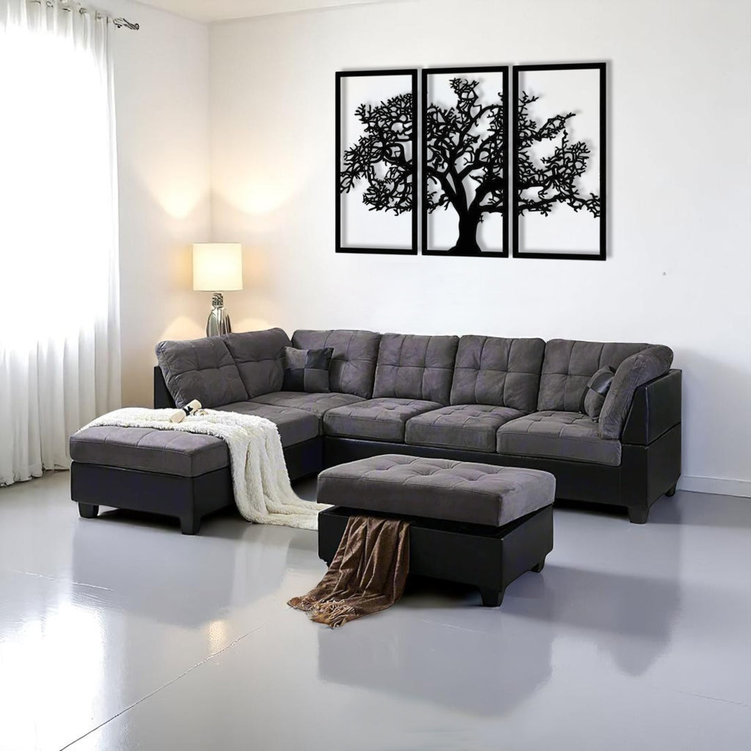 Eva Canapé sectionnel en tissu avec méridienne accoudoir gauche et pouf de rangement – Gris/Noir