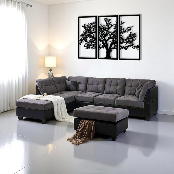 Eva Canapé sectionnel en tissu avec méridienne accoudoir gauche et pouf de rangement – Gris/Noir