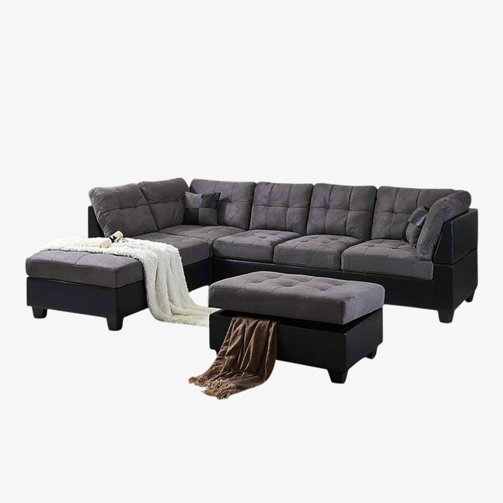 Eva Canapé sectionnel en tissu avec méridienne accoudoir gauche et pouf de rangement – Gris/Noir