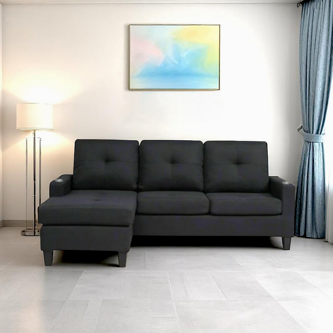 Reeves Sectional Sofa With Built-in Cup Holders & Reversible Chaise - Black