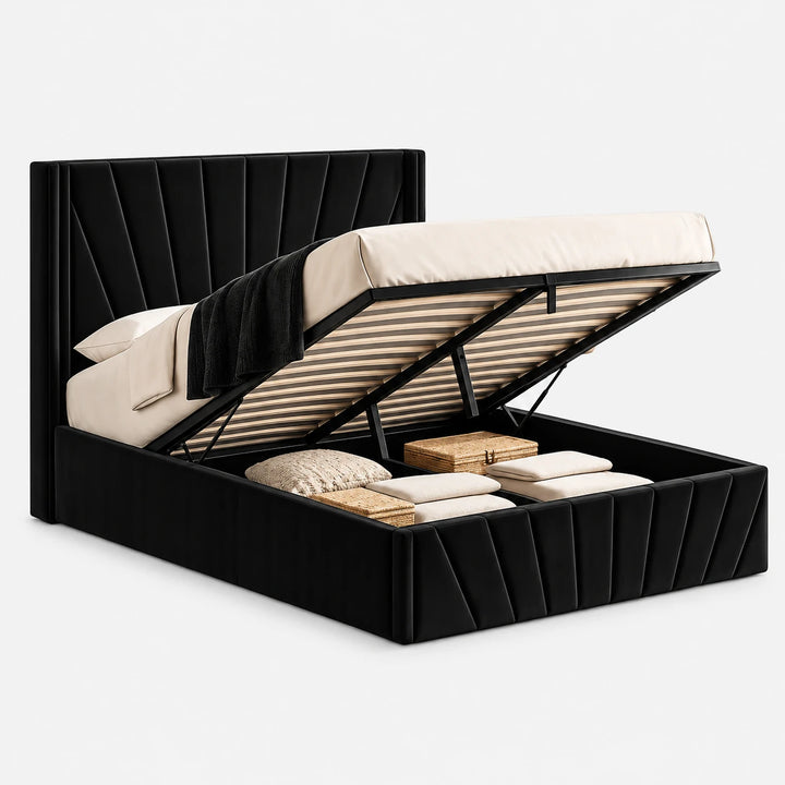Konas Black Velvet Upholstered Smart Storage Platform Bed Frame