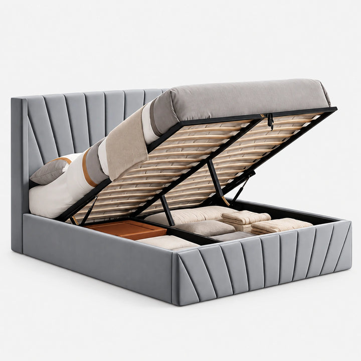 Konas Grey Velvet Upholstered Smart Storage Platform Bed Frame