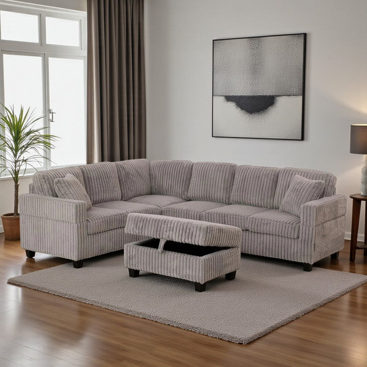 Xavier Fabric Upholstered Sectional Sofa With Storage Ottoman - Grey | Modern, Comfortable & Reversible