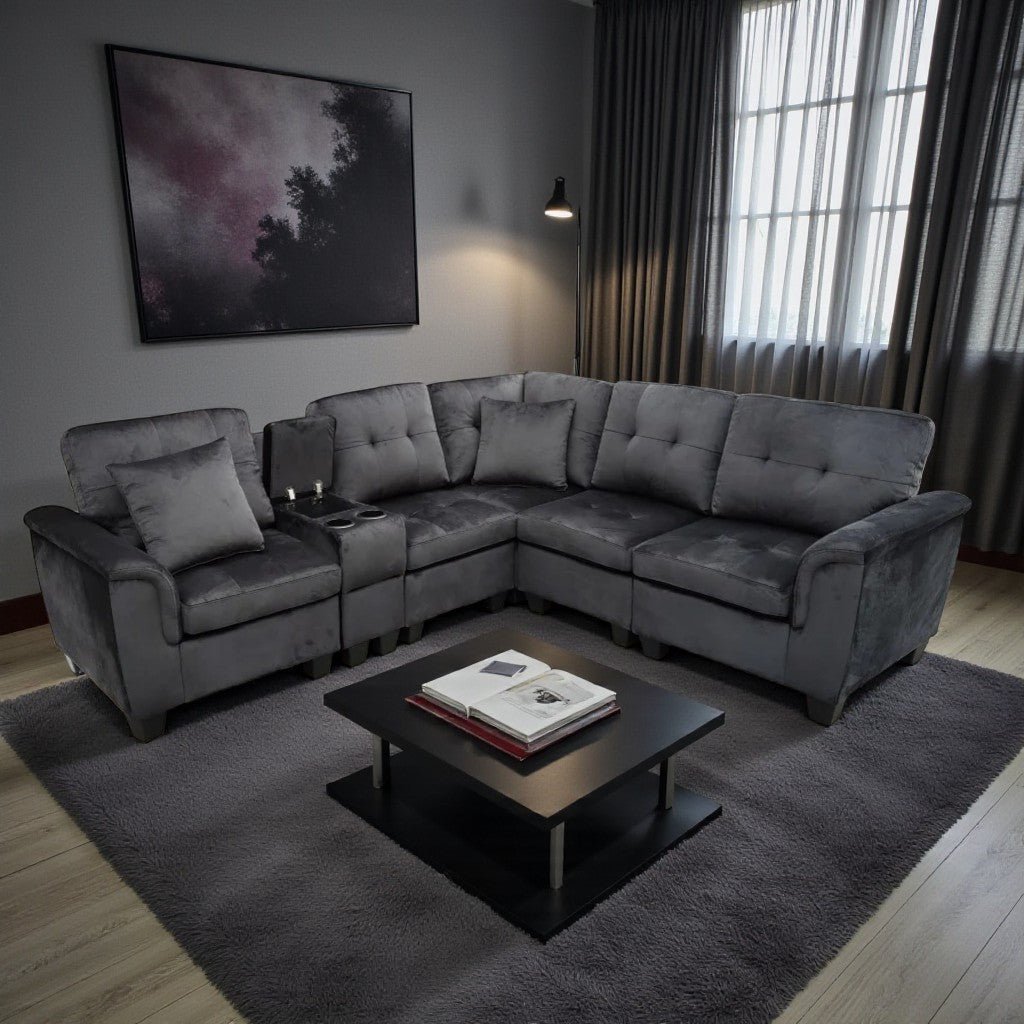 Albert Fabric Upholstered Sectional Sofa - Black | Reversible Design, Cup Holders & Storage Console