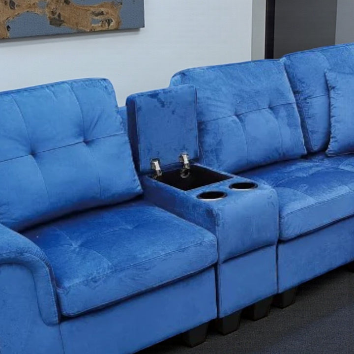 Albert Fabric Upholstered Sectional Sofa - Blue | Reversible Design, Cup Holders & Storage Console