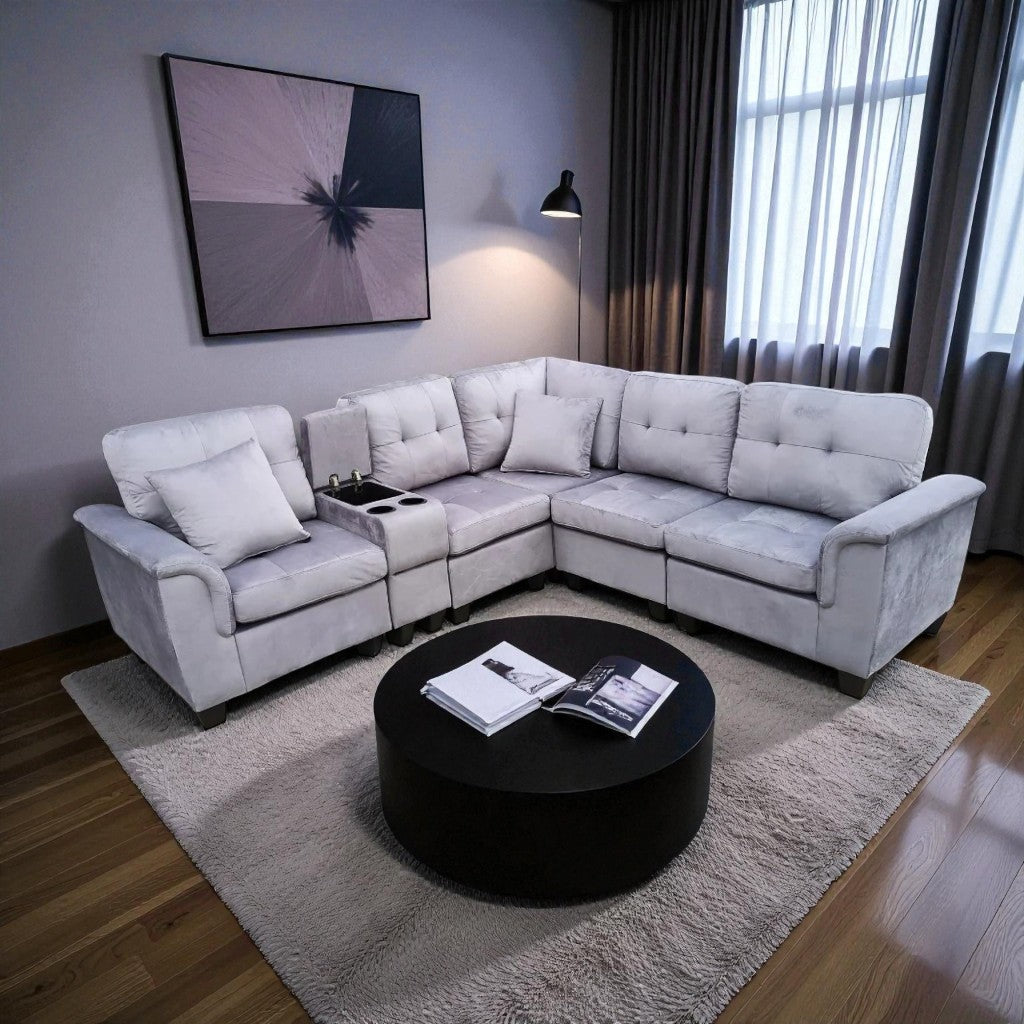 Albert Fabric Upholstered Sectional Sofa - Grey | Reversible Design, Cup Holders & Storage Console